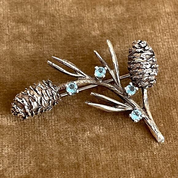 Vintage MFA Museum of Fine Arts Sterling Silver Pine Cone Bough Blue Pin Brooch - Picture 1 of 5